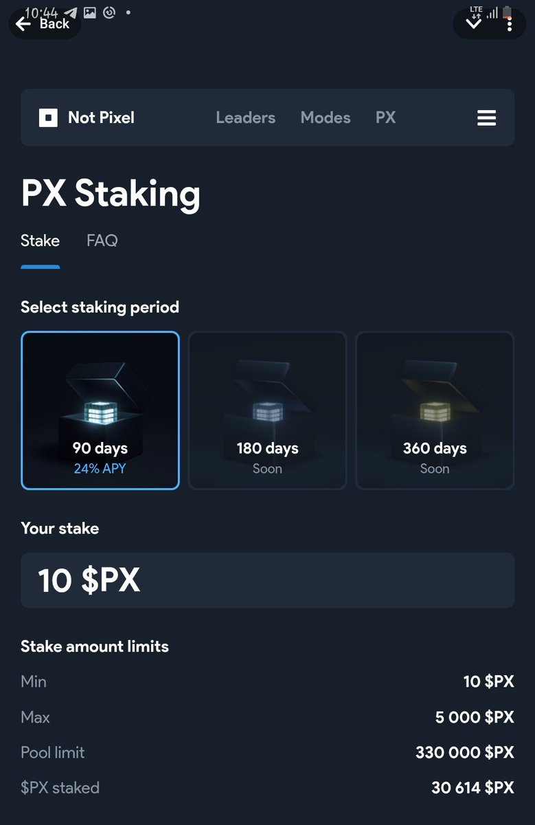 only1prinzkel's tweet photo. Staking just got real on @notpixelx!
Lock your $PX for 90 days and earn a massive 24% APY!
Let your tokens work while you chill.
Over 30k $PX staked already, hurry up and don't miss out
Staking is LIVE β Start earning now!
#NotPixel #PXtoken #TON #CryptoStaking #PassiveIncome https://t.co/MIwuuLNLCE