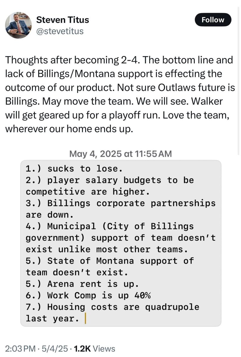 #AF1: Billings owner Steven Titus recently took to social media and posted his thoughts on potentially moving the Outlaws out of Billings! #AF1News #AF12025 #AF1Billings #BillingsOutlaws