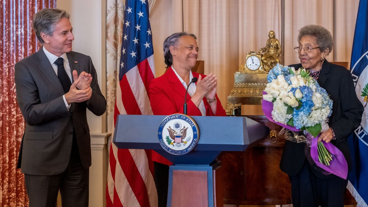 ABlinken's tweet image. Inspired by the life and service of Ruth Davis - a State Department trailblazer for 40 years who passed today. First African American woman to head the Foreign Service. A mentor and role model for generations of our diplomats.