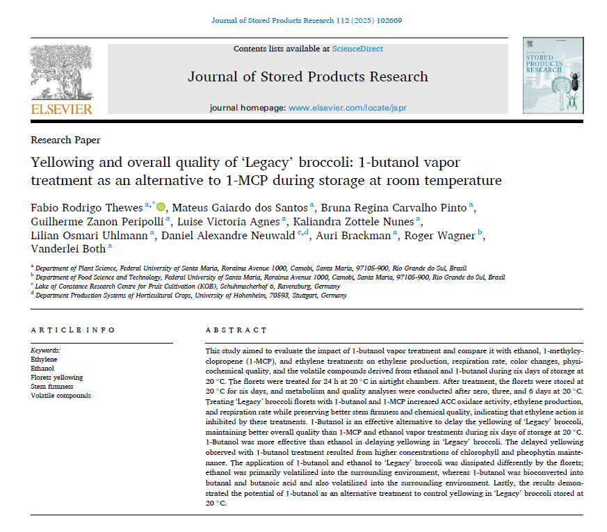 Nacherntephysi1's tweet photo. 🚨 New paper published!
1-butanol vapor shows promise as an alternative to 1-MCP to keep ‘Legacy’ broccoli green & fresh at room temp. 🌱💨
🧪 Published in Journal of Stored Products Research
🔗 https://t.co/7tnYBbf9Dk
#Postharvest #Broccoli #1Butanol https://t.co/8kyOqajV5T
