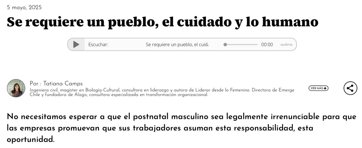 “Cuidar no es una tarea femenina, es una tarea humana.”
En Chile, solo el 0,22% de los padres toma su postnatal.
La corresponsabilidad es clave para la equidad y para criar hijos con vínculos reales.
Lee la columna completa👇
🔗 elmostrador.cl/noticias/opini…

  #EquidadDeGénero