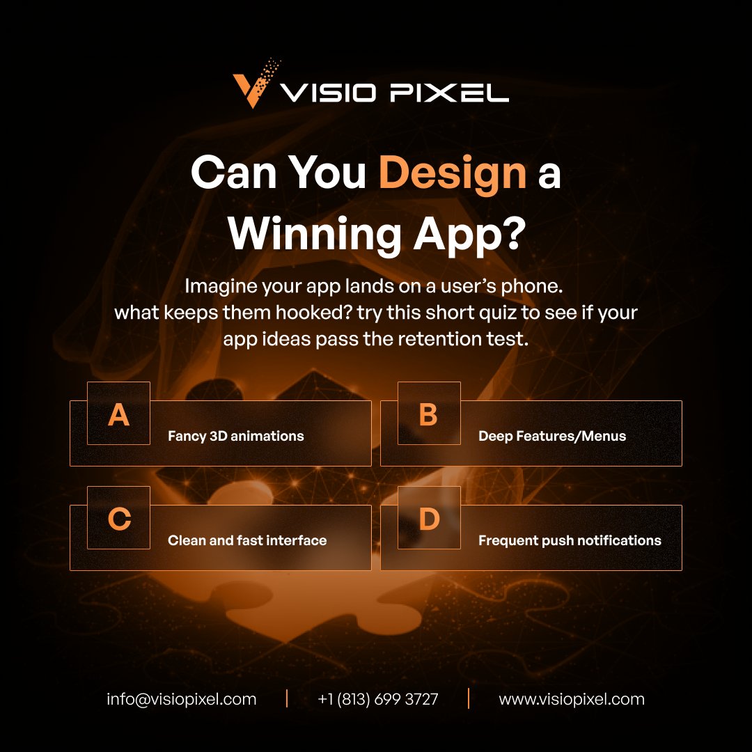 visio_pixel's tweet photo. What keeps users coming back to your app?

A) Fancy animations
B) Deep menus
C) Clean interface 
D) Push notifications
Most users stay for clarity and speed.

https://t.co/v32EZH0uTl

#UXDesign #AppStrategy #VisioPixel #DesignChallenge #UIUX https://t.co/9UPbGPqvF2