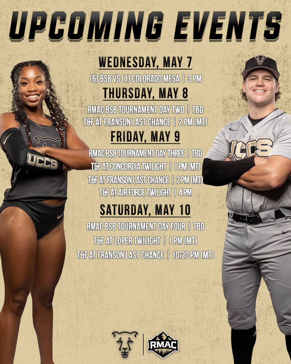 UCCS Athletics (@gomountainlions) on Twitter photo ππππ¨ π¬πππ ππ£ ππΎπΎπ πΌπ©ππ‘ππ©πππ¨π
: <a href="/UCCSBaseball/">UCCS Baseball</a> heads to Grand Junction for the 2025 #RMACbsb Tournament while <a href="/UCCSTRACK/">UCCS Track & Field</a> competes at a handful of last chance meets across three different states.
Full Scheduleβ‘οΈ: gomountainlions.com/calendar
#GoMountainLions ππππ¨ π¬πππ ππ£ ππΎπΎπ πΌπ©ππ‘ππ©πππ¨π
: <a href="/UCCSBaseball/">UCCS Baseball</a> heads to Grand Junction for the 2025 #RMACbsb Tournament while <a href="/UCCSTRACK/">UCCS Track & Field</a> competes at a handful of last chance meets across three different states.
Full Scheduleβ‘οΈ: gomountainlions.com/calendar
#GoMountainLions