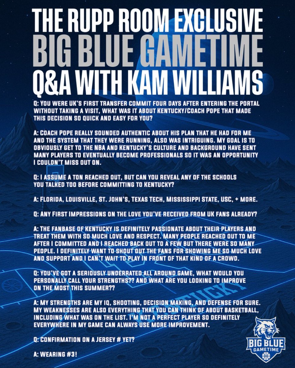 Dylan (@bigbluedylan) on Twitter photo NEW INTERVIEW: Kam Williams.
(1/13) ☑️
I spoke with Kentucky G/F Kam Williams Sunday! he graciously answered a few questions for BBN! Thank you so much for your time <a href="/KamWilliams_3/">Kam Williams</a> !!
Here’s 5 questions I asked Kam👇🏻(slide) NEW INTERVIEW: Kam Williams.
(1/13) ☑️
I spoke with Kentucky G/F Kam Williams Sunday! he graciously answered a few questions for BBN! Thank you so much for your time <a href="/KamWilliams_3/">Kam Williams</a> !!
Here’s 5 questions I asked Kam👇🏻(slide)