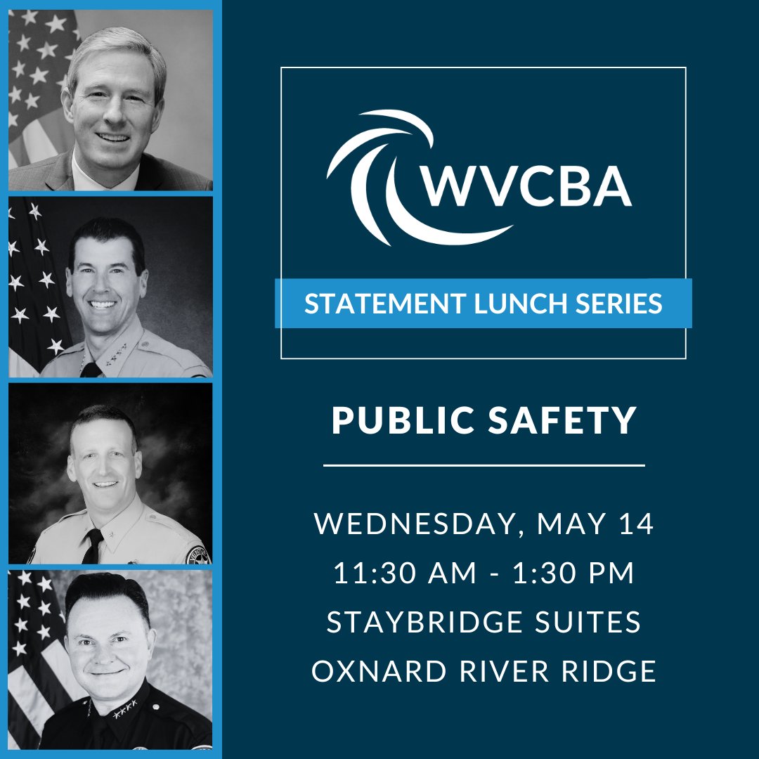 Join us next Wed, May 14 at @staybridge #Oxnard for our Statement Series lunch with a Public Safety panel featuring DA Nasarenko, Sheriff Fryhoff, Commander Tennessen, and Chief Benites. Generously sponsored by @thecollectionrp.   

More info: tinyurl.com/3weu9rk3