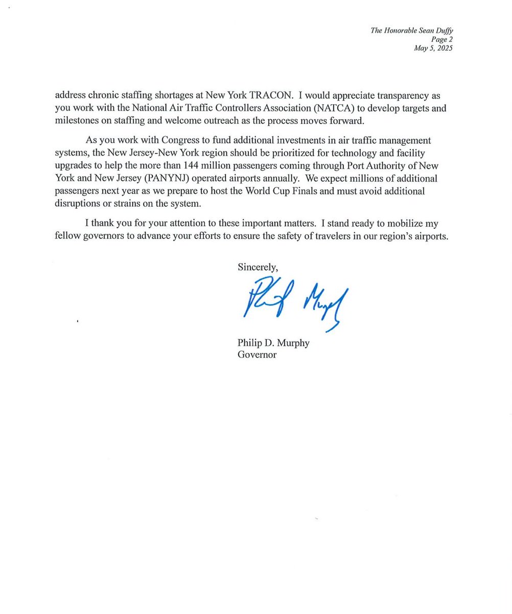 Governor Phil Murphy (@govmurphy) on Twitter photo Thousands of travelers at <a href="/EWRairport/">Newark Liberty International Airport</a> have been impacted by delays and cancellations due to a shortage of air traffic controllers and outdated technology. Today, I sent a letter to <a href="/SecDuffy/">Secretary Sean Duffy</a> requesting support and investment be directed to NJ.
Read my full letter below: Thousands of travelers at <a href="/EWRairport/">Newark Liberty International Airport</a> have been impacted by delays and cancellations due to a shortage of air traffic controllers and outdated technology. Today, I sent a letter to <a href="/SecDuffy/">Secretary Sean Duffy</a> requesting support and investment be directed to NJ.
Read my full letter below: