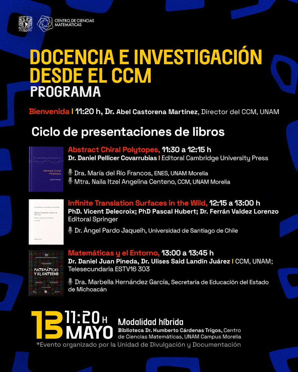 📚 En el #DíaDelMaestro celebramos a quienes construyen cultura desde la docencia.
Acompáñanos al ciclo de presentaciones de libros de nuestra comunidad.
🗓️ 13 de mayo, 11:20 h
📍#BibliotecaDrHumbertoCárdenasTrigos, CCM / ZOOM unam.zoom.us/j/85983724335?…
ID Reunión 859 8372 4335