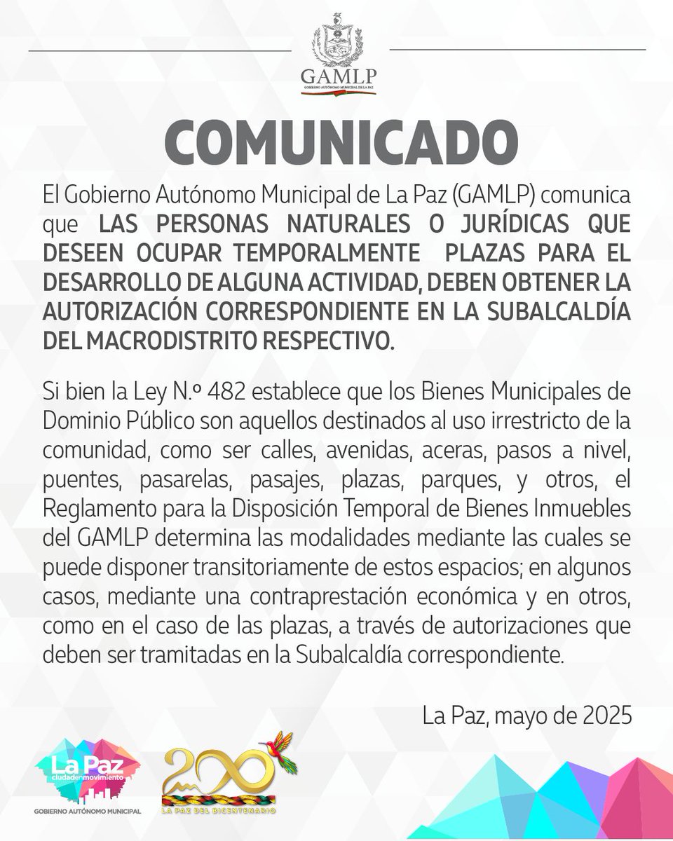 LaPazAlcaldia's tweet photo. #ComunicadoGAMLP | #Atención
Uso de espacios públicos. https://t.co/wmaJ8cXHlI