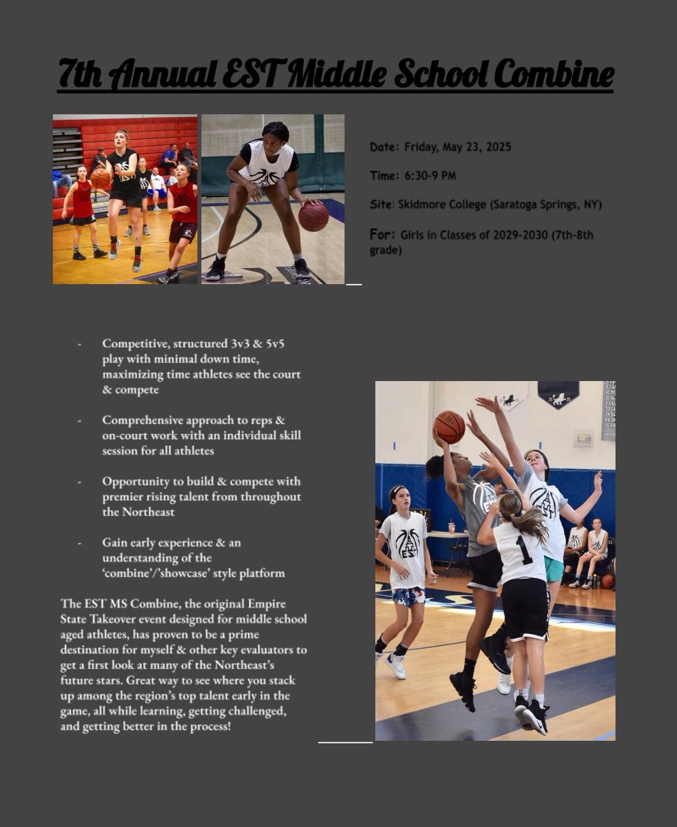 Empire State Takeover (@nystakeover) on Twitter photo Next on the schedule…
‘Up Next’ becomes ‘Up Now’ 💥
🏀 7th Annual #ESTMSCombine
🗓️ Fri, May 23 (6:30-9 PM)
📍 Skidmore College (518)
🎓 Classes of 2029-30 (7th-8th grade)
🛠️ <a href="/FootprintzGroup/">The FOOTPRINTZ GROUP</a>
Filling up quickly… just over 20 spots left. North Country to Westchester, 518 to Next on the schedule…
‘Up Next’ becomes ‘Up Now’ 💥
🏀 7th Annual #ESTMSCombine
🗓️ Fri, May 23 (6:30-9 PM)
📍 Skidmore College (518)
🎓 Classes of 2029-30 (7th-8th grade)
🛠️ <a href="/FootprintzGroup/">The FOOTPRINTZ GROUP</a>
Filling up quickly… just over 20 spots left. North Country to Westchester, 518 to