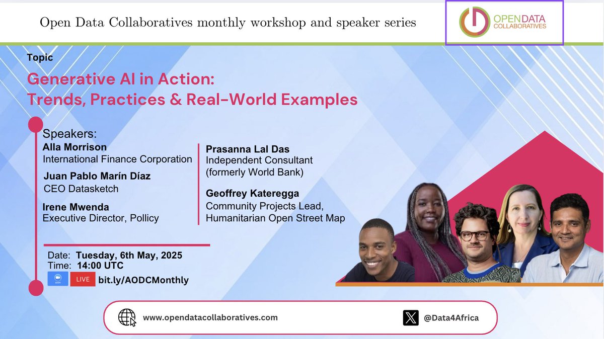 Data4Africa (@data4africa) on Twitter photo Thrilled to welcome <a href="/IFC_org/">IFC</a> <a href="/allamorrison/">Alla Morrison</a> <a href="/Datasketch/">Datasketch</a> <a href="/jpmarindiaz/">jpmarindiaz</a> <a href="/hotosm/">Humanitarian OpenStreetMap Team</a> <a href="/kateregga1/">Geoffrey Kateregga</a> <a href="/PollicyOrg/">Pollicy</a> <a href="/irenemwenda/">irenemwenda</a> & <a href="/prasannalaldas/">Prasanna Lal Das</a> to our monthly series on GenAI in Action: Trends, Practices, & Real-World Examples. Tuesday 6 May at 2pm UTC Register: bit.ly/AODCMonthly Thrilled to welcome <a href="/IFC_org/">IFC</a> <a href="/allamorrison/">Alla Morrison</a> <a href="/Datasketch/">Datasketch</a> <a href="/jpmarindiaz/">jpmarindiaz</a> <a href="/hotosm/">Humanitarian OpenStreetMap Team</a> <a href="/kateregga1/">Geoffrey Kateregga</a> <a href="/PollicyOrg/">Pollicy</a> <a href="/irenemwenda/">irenemwenda</a> & <a href="/prasannalaldas/">Prasanna Lal Das</a> to our monthly series on GenAI in Action: Trends, Practices, & Real-World Examples. Tuesday 6 May at 2pm UTC Register: bit.ly/AODCMonthly