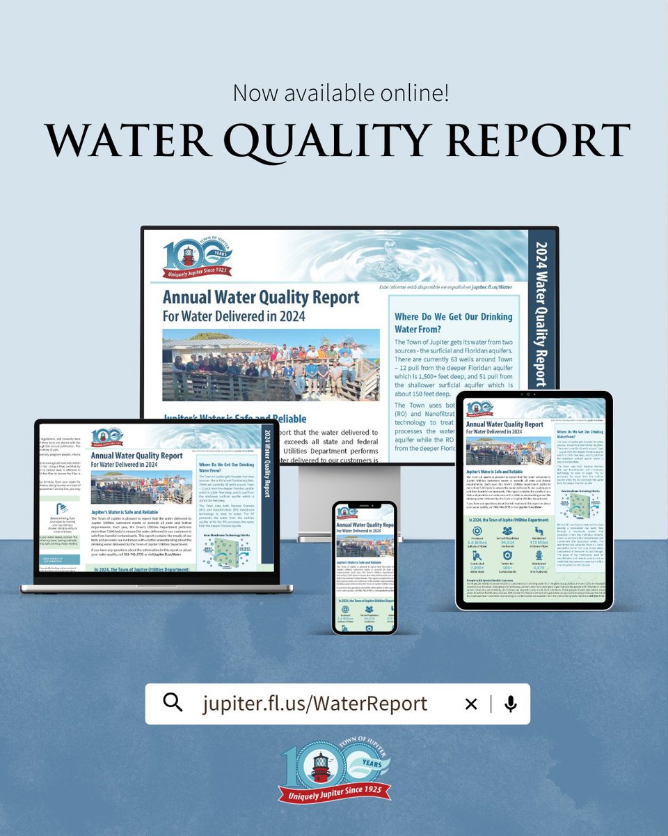 Town of Jupiter (@townofjupiter) on Twitter photo We’re proud to share that Jupiter’s water delivered to Jupiter Utilities customers meets or exceeds all state and federal requirements.
📲 jupiter.fl.us/WaterQuality
📞 Questions? Call 561-741-2735 or email waterquality@jupiter.fl.us
#Jupiter #TownofJupiterFL We’re proud to share that Jupiter’s water delivered to Jupiter Utilities customers meets or exceeds all state and federal requirements.
📲 jupiter.fl.us/WaterQuality
📞 Questions? Call 561-741-2735 or email waterquality@jupiter.fl.us
#Jupiter #TownofJupiterFL