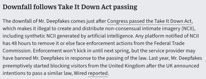 via <a href="/arstechnica/">Ars Technica</a> -- Largest deepfake porn site shuts down forever

arstechnica.com/tech-policy/20…