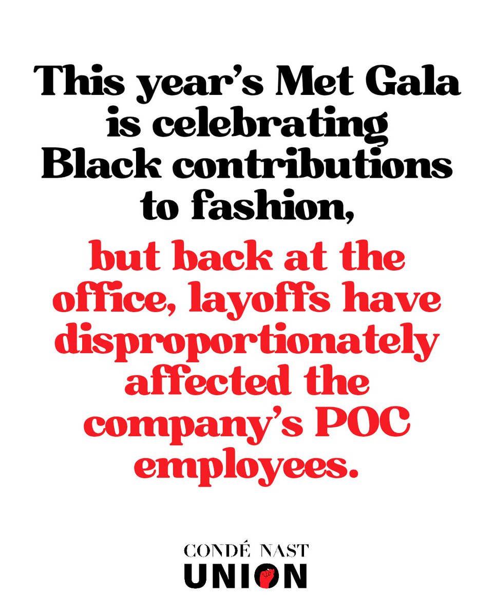 condeunion's tweet image. The #metgala isn’t Superfine for the Condé Nast employees who are required to work overtime without fair pay — or covering for their colleagues who have been laid off.