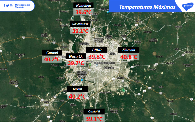 ClimaYucatan's tweet photo. 🥵♨️ Arde la ciudad de Mérida

Estaciónes meteorológicas verificadas y certificadas por Meteorología Yucatán registraron esta tarde hasta 40.8 °C de temperatura máxima en la capital yucateca, con una sensación térmica máxima de 47.7 °C.

La Floresta 40.8 °C
Ciudad Caucel 40.2 °C
Reserva Cuxtal Viveros 40.2 °C
PNUD 39.8 °C
Nora Quintana 39.7 °C
Komchén 39.6 °C
Las Américas 39.1 °C
Reserva Cuxtal Molas 39.1 °C