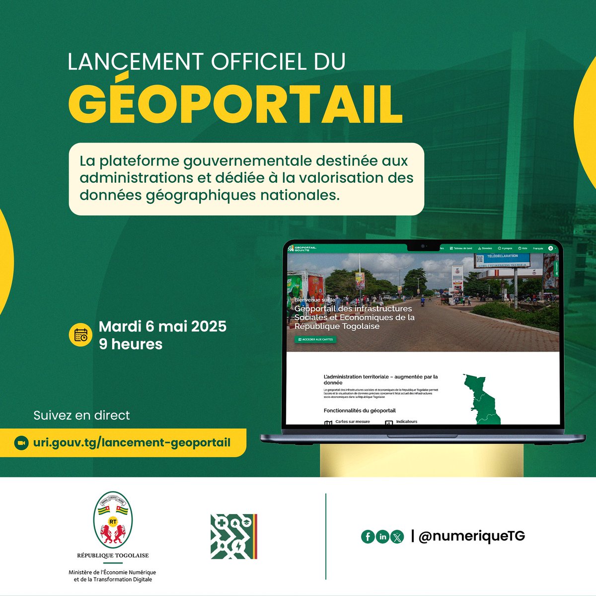 Le Ministère de l’Economie Numérique et de la Transformation Digitale vous invite à suivre en ligne la cérémonie de lancement du Géoportail, la nouvelle plateforme gouvernementale dédiée à la valorisation des données géographiques nationales.

🗺 Le Géoportail facilite l'accès à