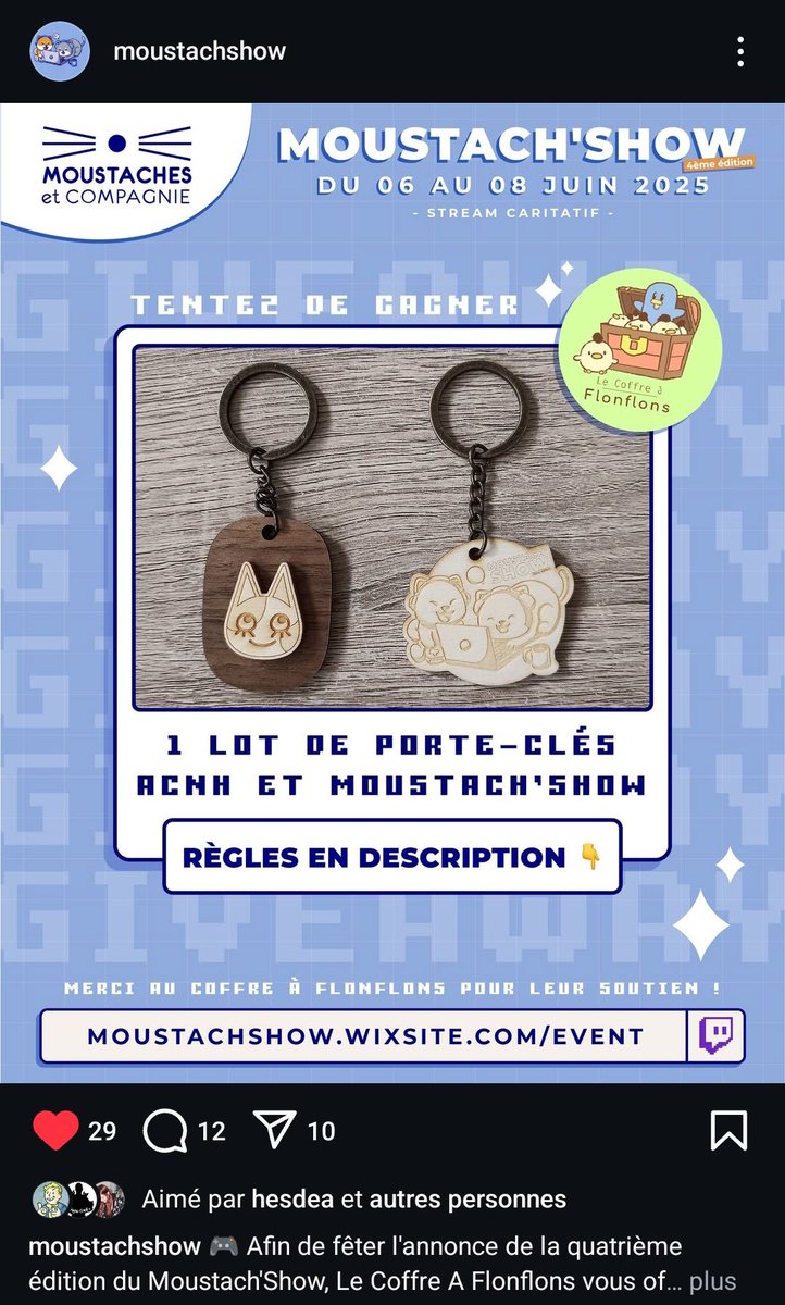🎁 GIVEAWAY DE LANCEMENT 🎁

Pour fêter l'annonce de la 4eme édition du Moustach'Show, <a href="/les_flonflons/">Le Coffre à Flonflons 🐦🐥</a> vous offre un lot de deux porte-clés ! 😍

Pour participer, direction la page Insta du Moustach'Show ! 😁

#moustachshow #ACNH #charity #twitch #giveaway