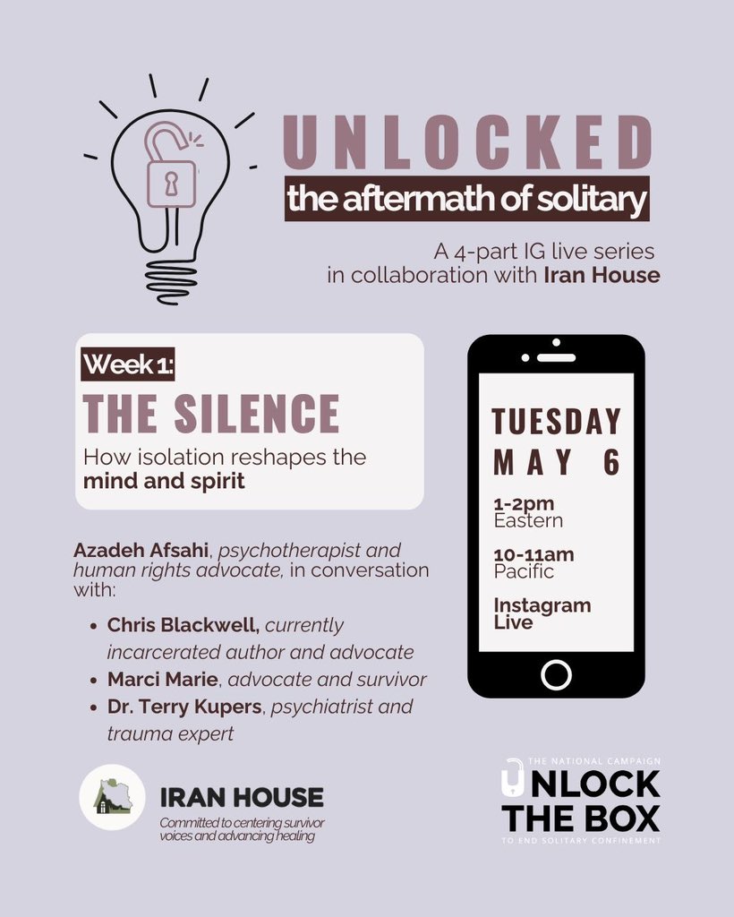 📢 Join Chris Blackwell alongside Azadeh Afsahi, Marci Marie, and Dr. Terry Kupers for an IG live on the impacts of solitary confinement! 

📆 Tuesday May 6 1-2PM EST and 10-11AM PST 

 🔗 Follow Azadeh Afsahi on IG to get the link! 

#unlockthebox #endsolitary #chrisblackwell