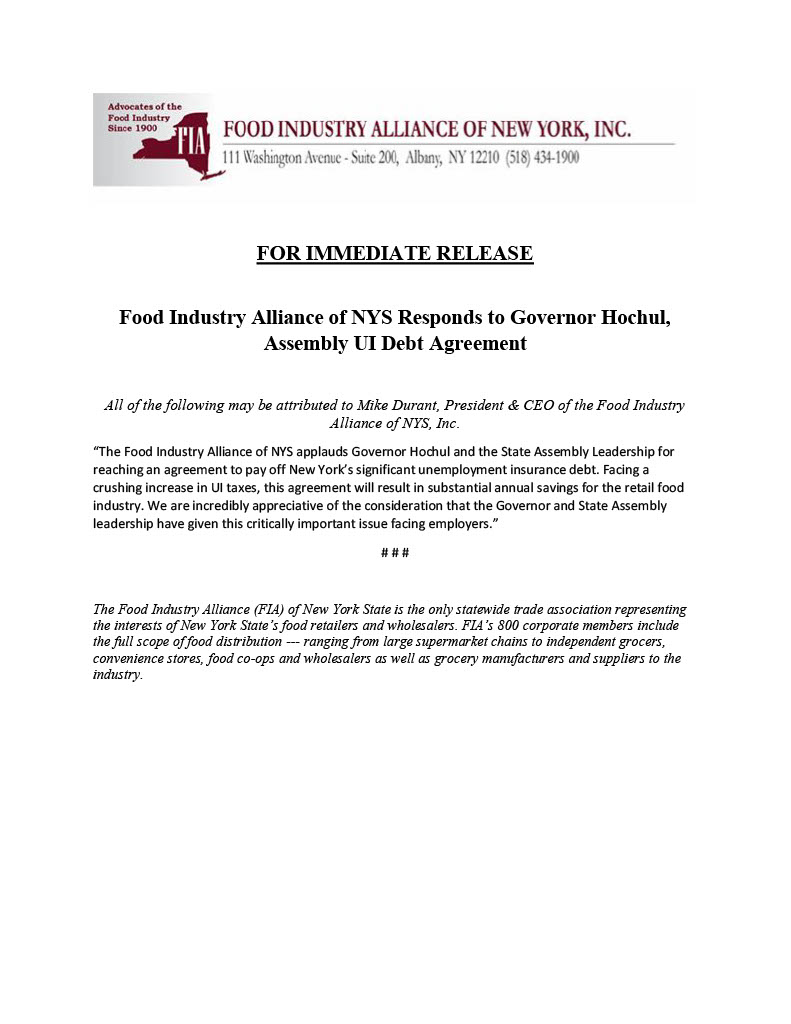Food Industry Alliance of NYS Statement on UI Debt Agreement.
