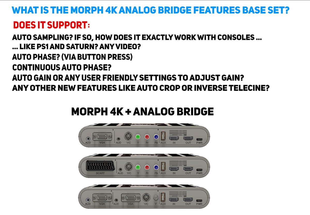 WobblingP's tweet photo. The Morph 4K analog bridge is ready to order: https://t.co/ngSOdjZVe2
Based on the Morph 4K launch firmware and the little info we got as unanswered questions about analog features I recommend to wait for reviews (from different sources) before ordering. https://t.co/qvHVii1z6H