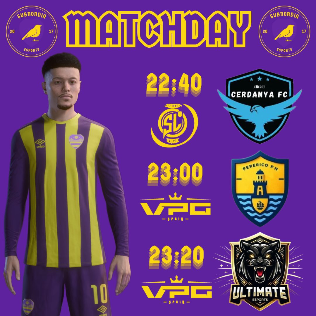 subnordia's tweet photo. MATCHDAY ⚔️💛💜
@SoccerLeagueEsp
22.40 Cerdanya
@VPG_Spain 
23.00 @FerericoPN
23.20 @UltimateEsp17 https://t.co/jGcH8ir2pP