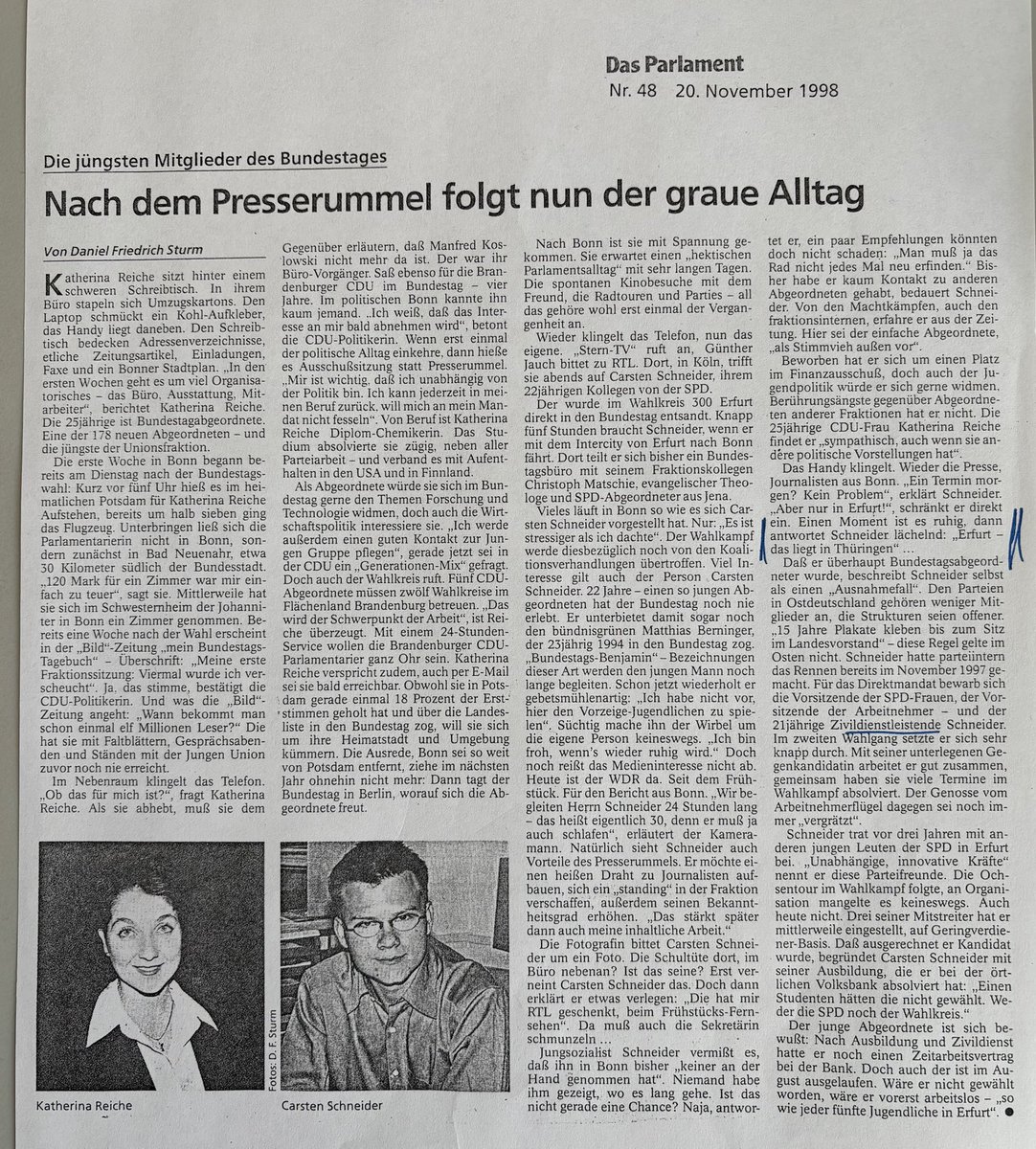 Morgen werden wohl Katherina Reiche @BMWK und Carsten Schneider @BMUV als Minister vereidigt.

Habe beide mal vor ein paar Jahren besucht. Sie war damals 25, er 22. 😉