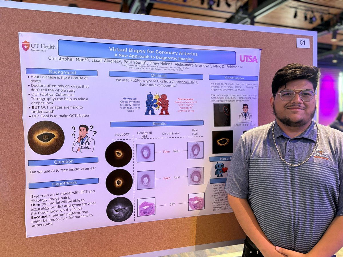 MDI_Lab's tweet image. Congrats to Isaac Alvarez on winning 2nd place in the pro division at Viva Science for his innovative poster "Virtual Biopsy for Coronary Arteries: A New Approach to Diagnostic Imaging"! 👏 Thx @UTHSCSA and @WitteMuseum for this collaborative event! #VivaScience #AIinHealthcare