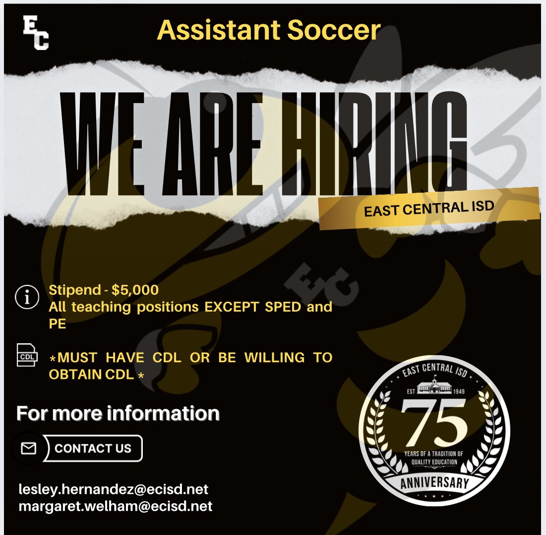 ECGSoccer1 (@ecgsoccer1) on Twitter photo East Central High School is Hiring!
We’re looking for a passionate and dedicated Assistant Coach to join our Girls Soccer Program for the upcoming season!
Apply now or contact
Maggi Welham at margaret.welham@ecisd.net
Lesley Hernandez at lesley.hernandez@ecisd.net East Central High School is Hiring!
We’re looking for a passionate and dedicated Assistant Coach to join our Girls Soccer Program for the upcoming season!
Apply now or contact
Maggi Welham at margaret.welham@ecisd.net
Lesley Hernandez at lesley.hernandez@ecisd.net