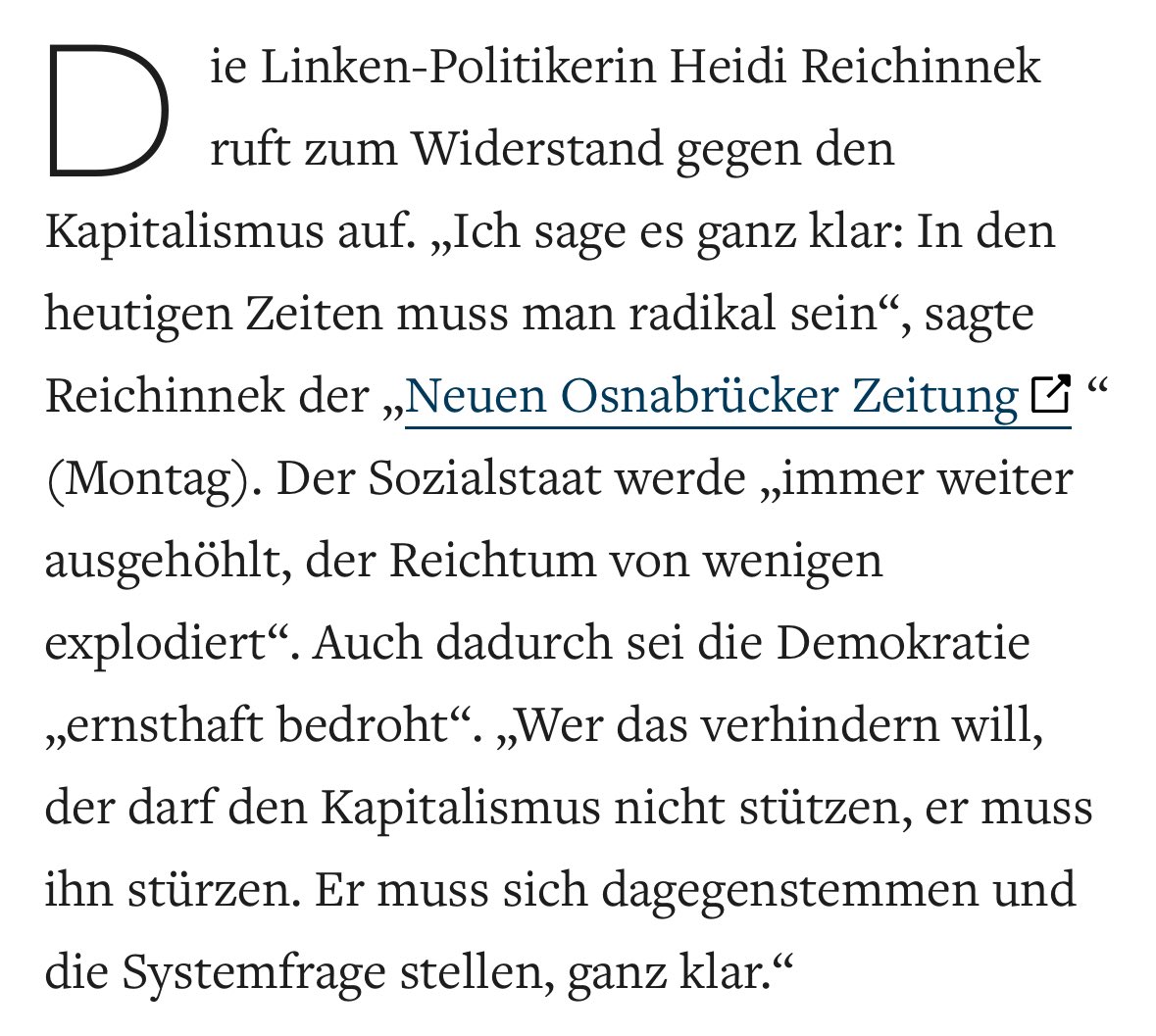 Schon krass mit welcher Direktheit und Aggressivität Heidi Reichinnek hier ein System stürzen will, auf dem unsere Wirtschaft und damit unser Wohlstand fußt und wodurch ein Sozialstaat erst möglich wurde. 
Und ob Umsturzfantasien wie diese auf dem Boden der freiheitlich