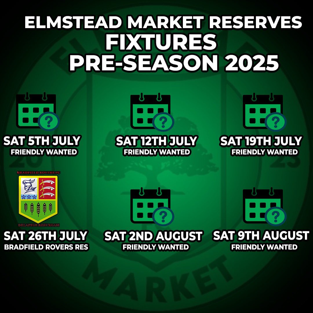 Elmstead_Market's tweet image. Elmstead Market FC are looking for friendlies for both of our teams for the upcoming preseason.
As our new home ground is prepared, we鈥檇 like to travel away during preseason to give us prep time.
If interested, drop us a message
#emfc #coye #football #nonleague #oneclub