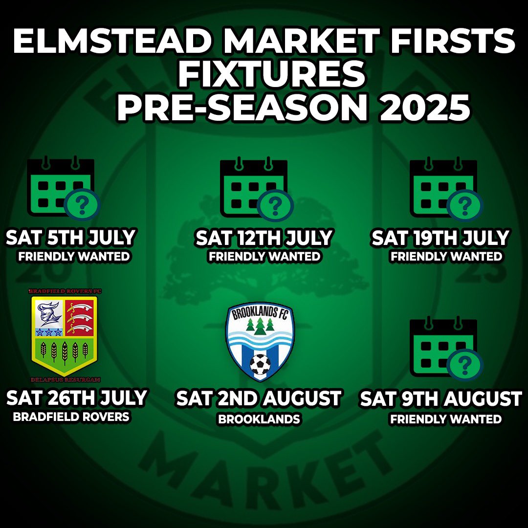Elmstead_Market's tweet image. Elmstead Market FC are looking for friendlies for both of our teams for the upcoming preseason.
As our new home ground is prepared, we鈥檇 like to travel away during preseason to give us prep time.
If interested, drop us a message
#emfc #coye #football #nonleague #oneclub