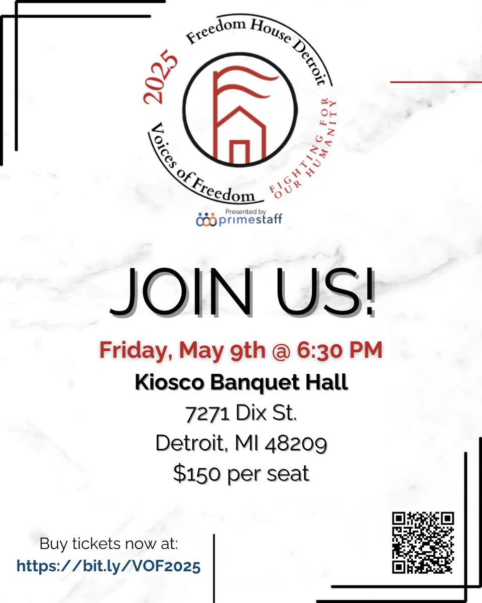 Join us on May 9th for Voices of Freedom at Kiosco Banquet Hall (7271 Dix St., Detroit)! 🎤 An inspiring evening celebrating the courage + resilience of those we serve at Freedom House Detroit.

🎟️ Get tickets: bit.ly/VOF2025
#VoicesOfFreedom #FreedomHouseDetroit