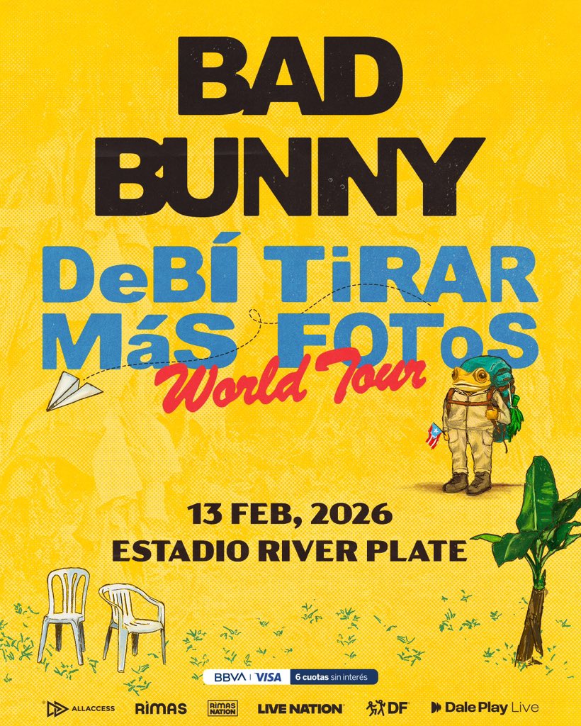 BAD BUNNY EN ARGENTINA 🐰🇦🇷

Sí, estás leyendo bien 😮‍💨 El conejo llega el 13 de febrero al Estadio River Plate para presentar su último álbum "DeBÍ TiRAR MáS FOToS" 🔥

🗓️ 13 de febrero
🏟️ Estadio River Plate

💳 Preventa exclusiva el lunes 12 de mayo a las 13hs. Disfrutá de 6