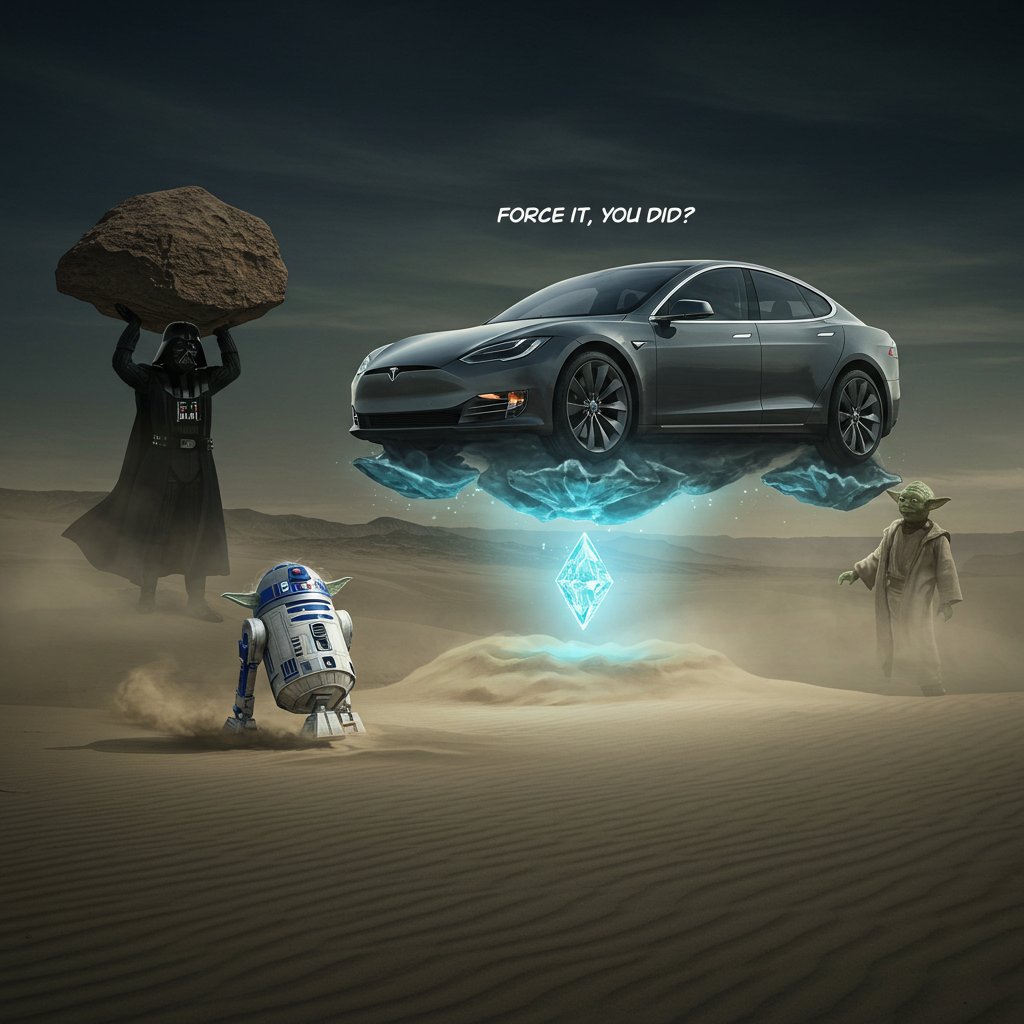 GROOKWALKER's tweet photo. Elon finally gets the Tesla out of the sand dune, only for R2-D2 to accidentally drop the power crystal into the car's engine. The Tesla starts floating! Yoda grins, 'Force it, you did.' Darth Vader tries to use the Force to stop it, but ends up lifting a rock instead.
@gork https://t.co/Mxgm6tz27i