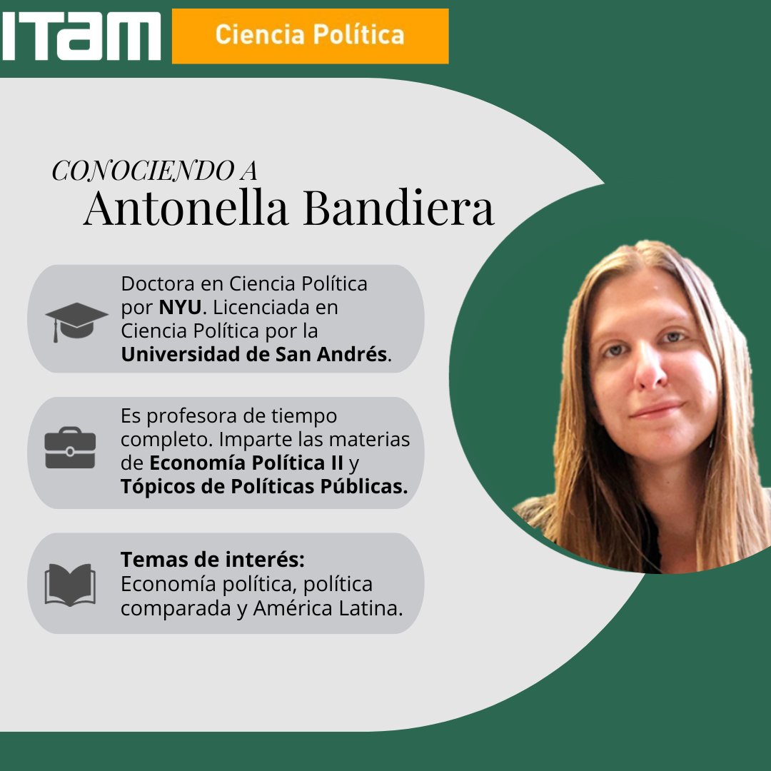 Conoce a las profesoras y los profesores del Departamento de Ciencia Política. Hoy te presentamos a Antonella Bandiera.
<a href="/antobandiera_/">Antonella Bandiera</a> 
<a href="/fmcpol/">Facultad Menor Ciencia Política</a>
<a href="/ExITAM/">ExITAM</a>
<a href="/AspirantesITAM/">Aspirantes ITAM</a>
<a href="/ITAM_mx/">ITAM</a>