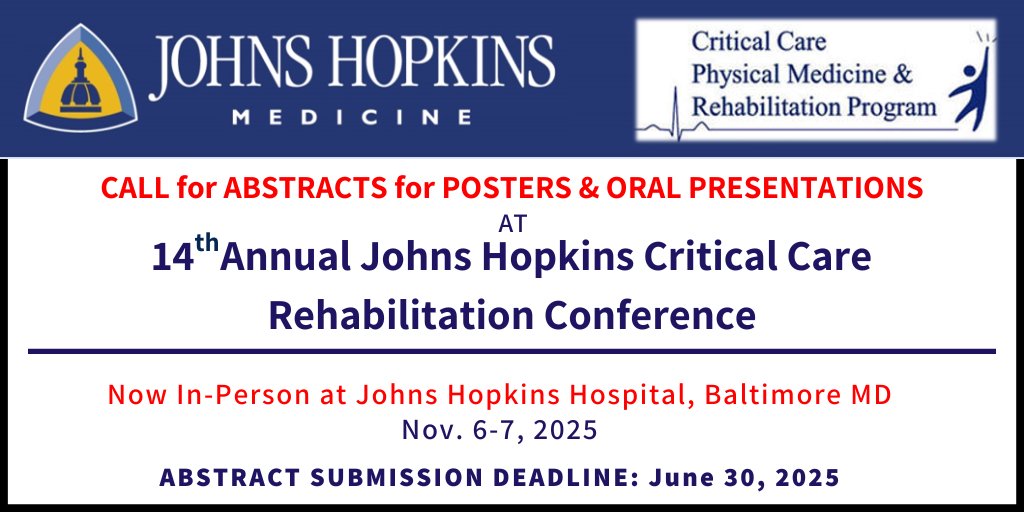 APTA Acute Care (@acutecareapta) on Twitter photo Important Deadline for <a href="/AcuteCareAPTA/">APTA Acute Care</a>-sponsored event!
The 14th <a href="/HopkinsMedicine/">Johns Hopkins Medicine</a> @ICURehab Conference
Abstract deadline:
June 30, 2025
In-Person Conference:
Johns Hopkins Hospital
Nov 6-7, 2025
Info: ICURehabnetwork.org Important Deadline for <a href="/AcuteCareAPTA/">APTA Acute Care</a>-sponsored event!
The 14th <a href="/HopkinsMedicine/">Johns Hopkins Medicine</a> @ICURehab Conference
Abstract deadline:
June 30, 2025
In-Person Conference:
Johns Hopkins Hospital
Nov 6-7, 2025
Info: ICURehabnetwork.org