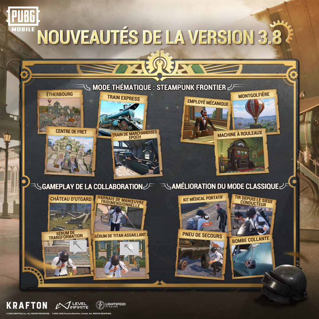 Steampunk Frontier arrive le 7 mai ! 🥳

Ramène ta squad et découvre les nouveautés de cette nouvelle collaboration ! 

#PUBGMOBILE
#pubgmfr
#PUBGM380
#PUBGMxAttackOnTitan 
#snk