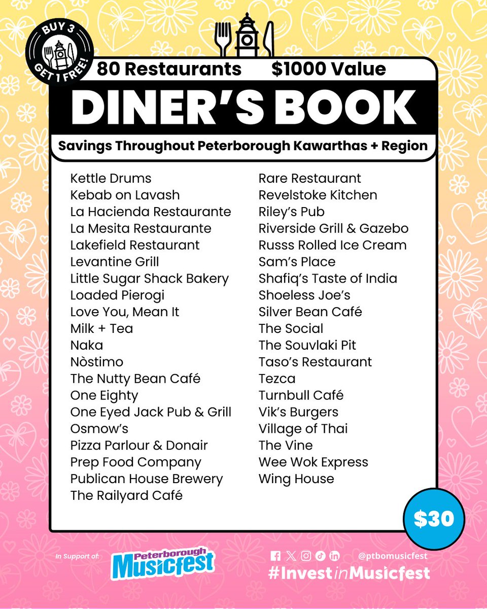 Give Mom a year of meals + music! The 2025 Diner’s Book =
• Tasty local discounts • Quality time together  • Support for free summer concerts. 
ptbomusicfest.ca/shop/
#MothersDay2025  #LiveMusicGift #SupportLocal #LoveLocalPTBOKawarthas