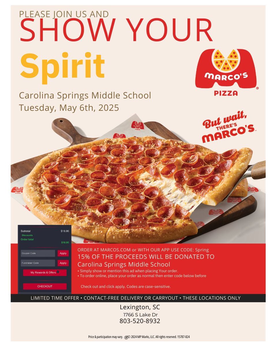 🍕 Marcos Pizza night is TOMORROW! Use code "Spring" for 15% of proceeds to be donated to CSMS. #OnePackOnePurpose