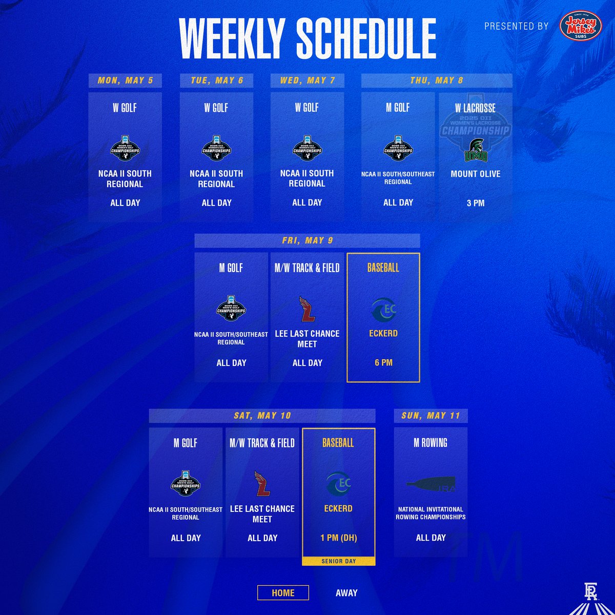 • NCAA II postseason action for <a href="/ERAUMGolf/">Embry-Riddle Men's Golf</a>, <a href="/ERAUWGolf/">Embry-Riddle Women's Golf</a> and <a href="/ERAUWLAX/">Embry-Riddle Women’s Lacrosse</a>  
• <a href="/ERAUBaseball/">Embry-Riddle Baseball</a> celebrates Senior Day
• <a href="/ERAURowing/">Embry-Riddle Rowing</a>'s men look to qualify for the IRA National Championship with a good result at the NIRC.
#GoERAU #DaytonasHometownTeam