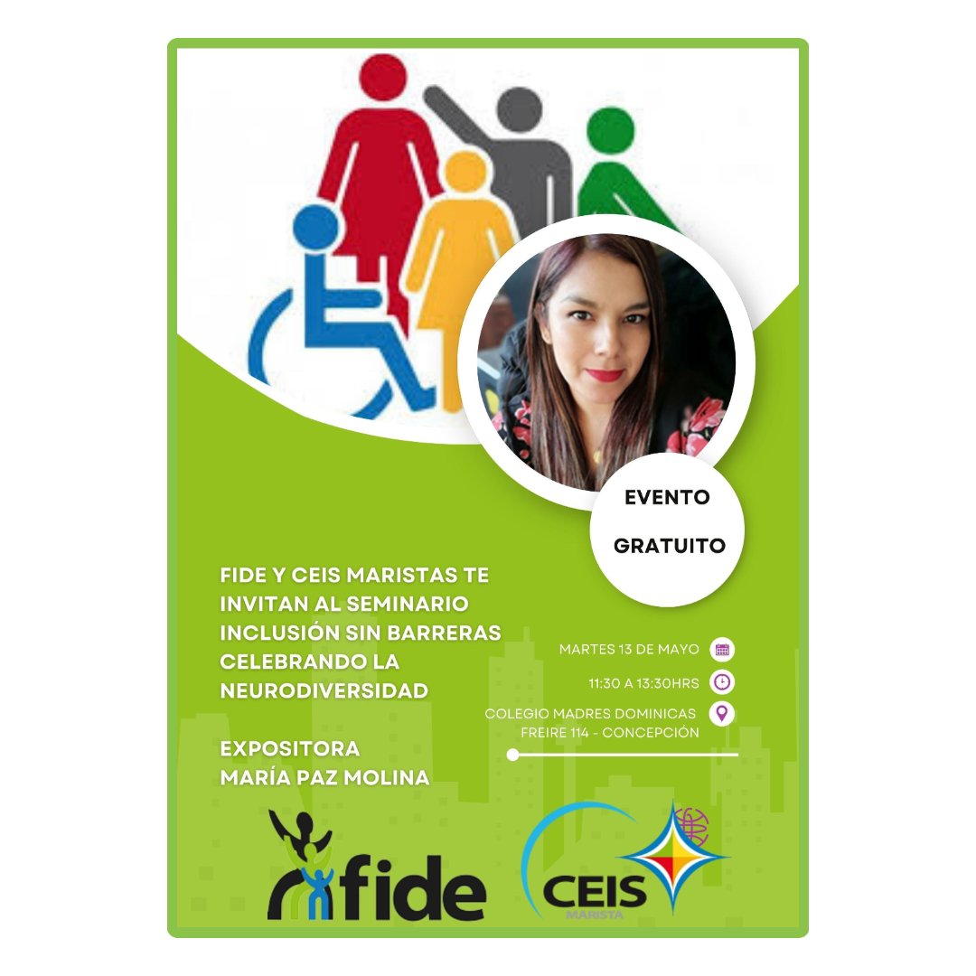 Seminario 📚

Quedan invitados e invitadas al seminario: "Inclusión sin barreras celebrando la neurodiversidad" organizado por FIDE y <a href="/Maristas_CEIS/">Fundación CEIS Maristas</a>, en el Colegio Madres Dominicas 🙌🏻

📣 María Paz Molina
🗓 Martes 13 de mayo
📍 Freire 114, Concepción

➡️ fide.cl