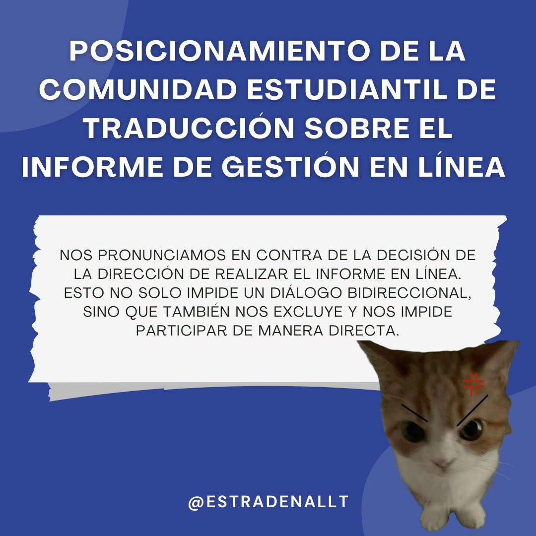EstTradENALLT's tweet photo. Posicionamiento de la comunidad estudiantil de traducción sobre el informe de gestión en línea. Como comunidad, nos pronunciamos en contra de la forma en que el informe se llevó a cabo, pues no se nos tomó en cuenta y fue una decisión que impide el diálogo bilateral entre (1) https://t.co/wKu3ykjpcz