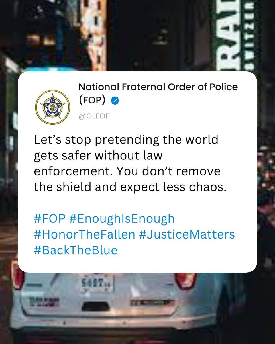 GLFOP's tweet photo. Let’s stop pretending the world gets safer without law enforcement. You don’t remove the shield and expect less chaos.

#BackTheBlue #PoliceMatter #SafetyFirst https://t.co/GSPQbRauId