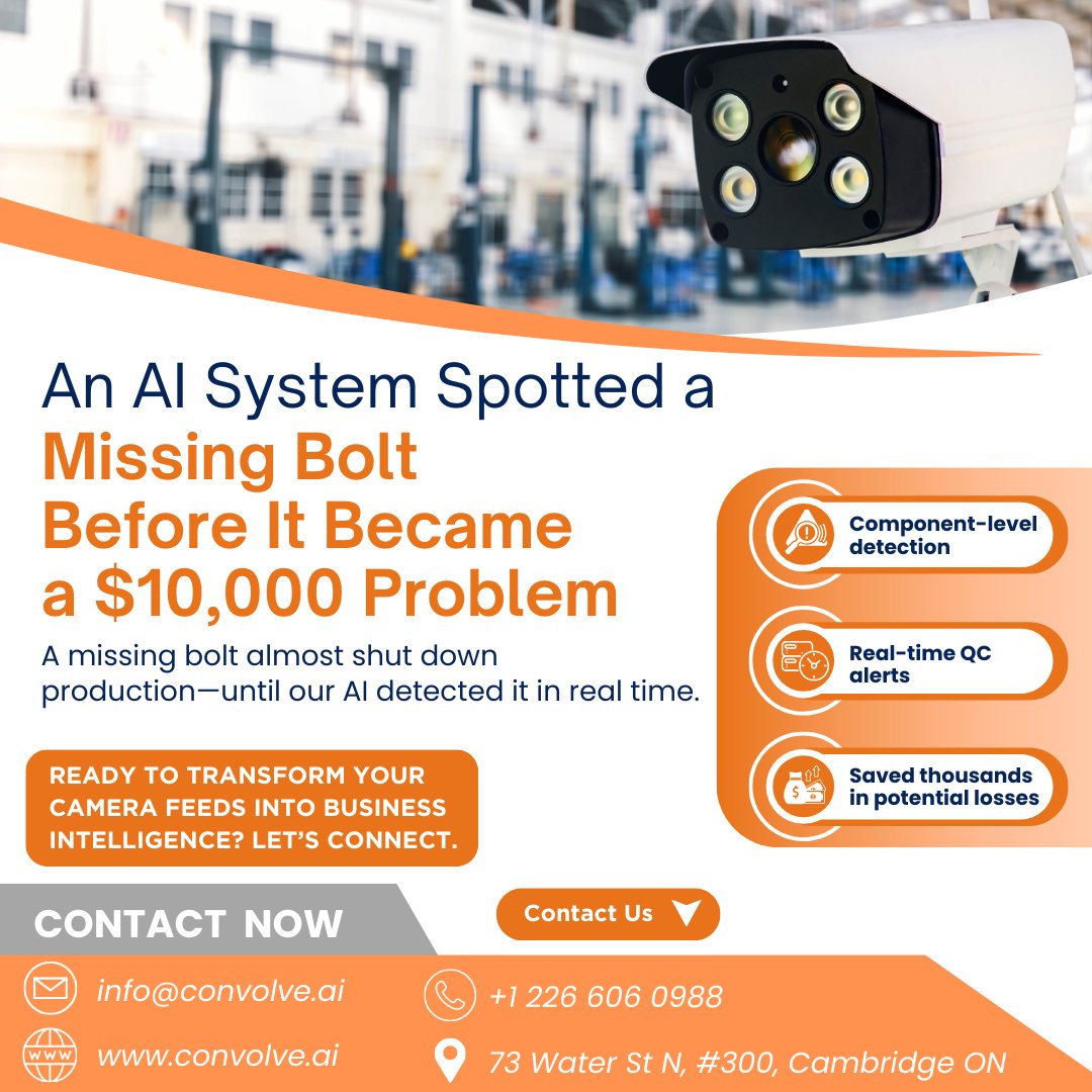 AiConvolve's tweet photo. A missing bolt almost halted production—but our AI caught it just in time. 
With real-time quality control and component-level detection, we prevented a $10,000 loss.
Our AI system scans camera feeds to detect micro-defects before they become macro-problems.

#aiinspection https://t.co/u3MhFH8UbA