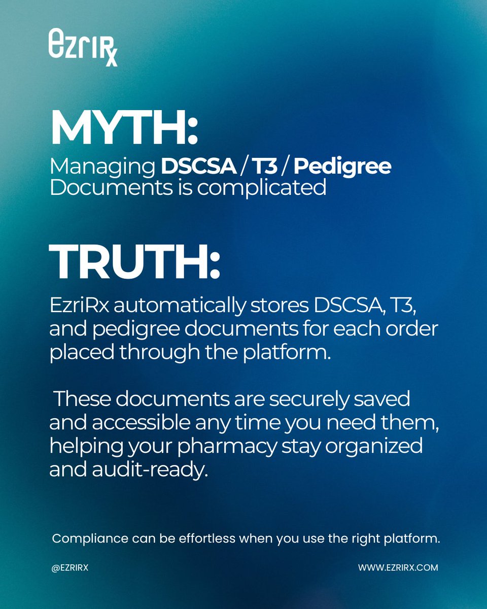 EzriRx's tweet photo. Think DSCSA compliance is complicated? EzriRx handles it for you every order, every time. https://t.co/Jg4ABYU6F4