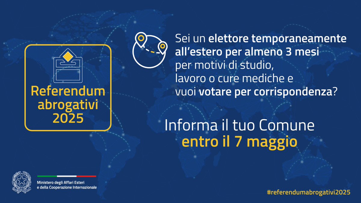 🗳️ #Referendumabrogativi2025
Il 7 maggio scade il termine per richiedere l'ammissione al voto per corrispondenza. Ricordati di fare richiesta al tuo Comune. Scopri di più 👇

conslosangeles.esteri.it/it/servizi-con…