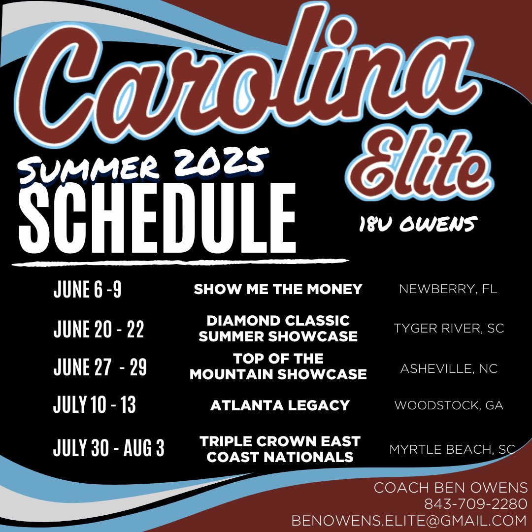 Summer schedule! Super excited for what this season has to offer! <a href="/EliteOwens/">Carolina Elite Owens</a>