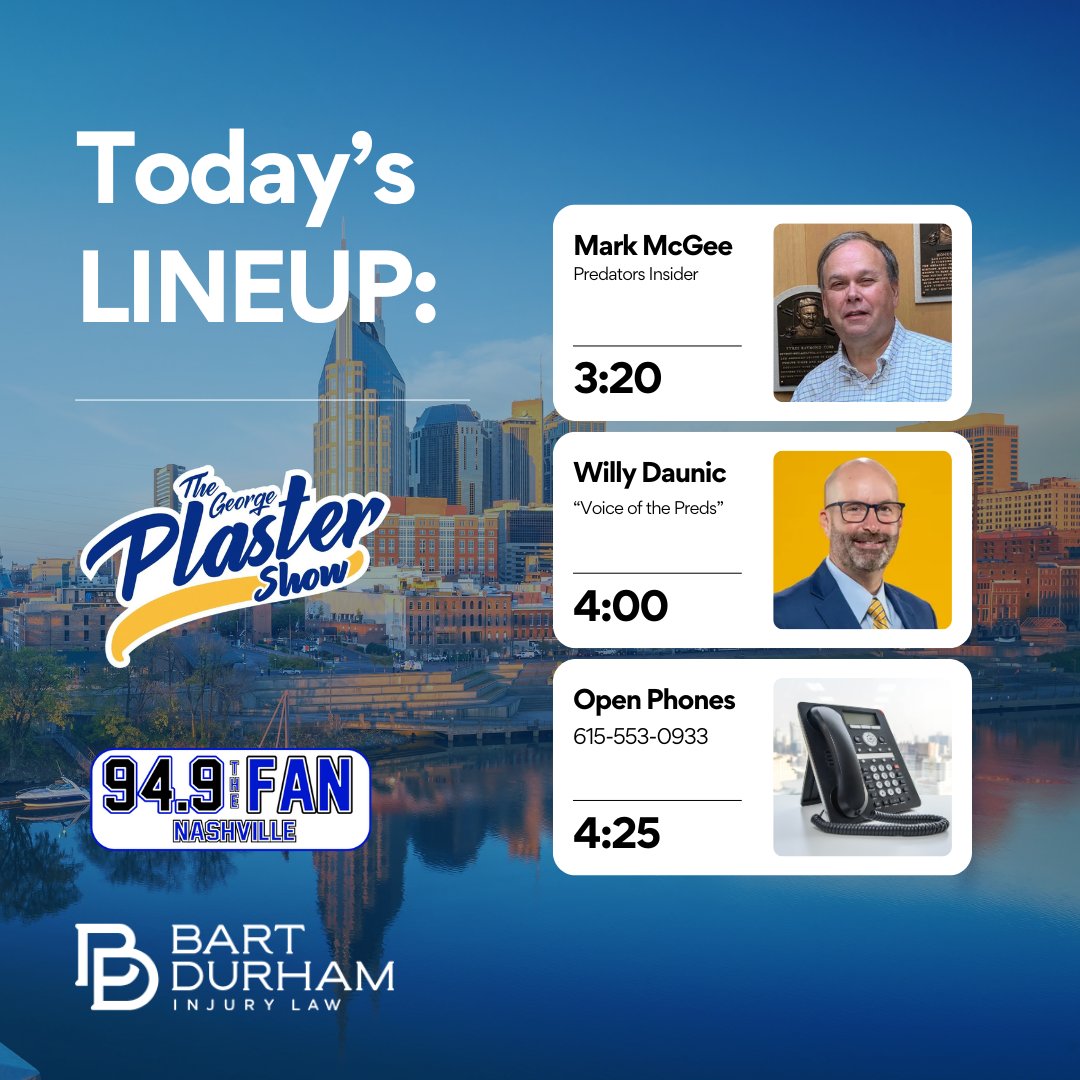 georgeplastertn's tweet image. On today's @ThePlasterShow:

3:20 Mark McGee #Preds
4:00 @WillyD1025 
4:25 Open Phones (615-553-0933)

Listen: @949theFan 
Watch: youtube.com/watch?v=j0JOpv…
