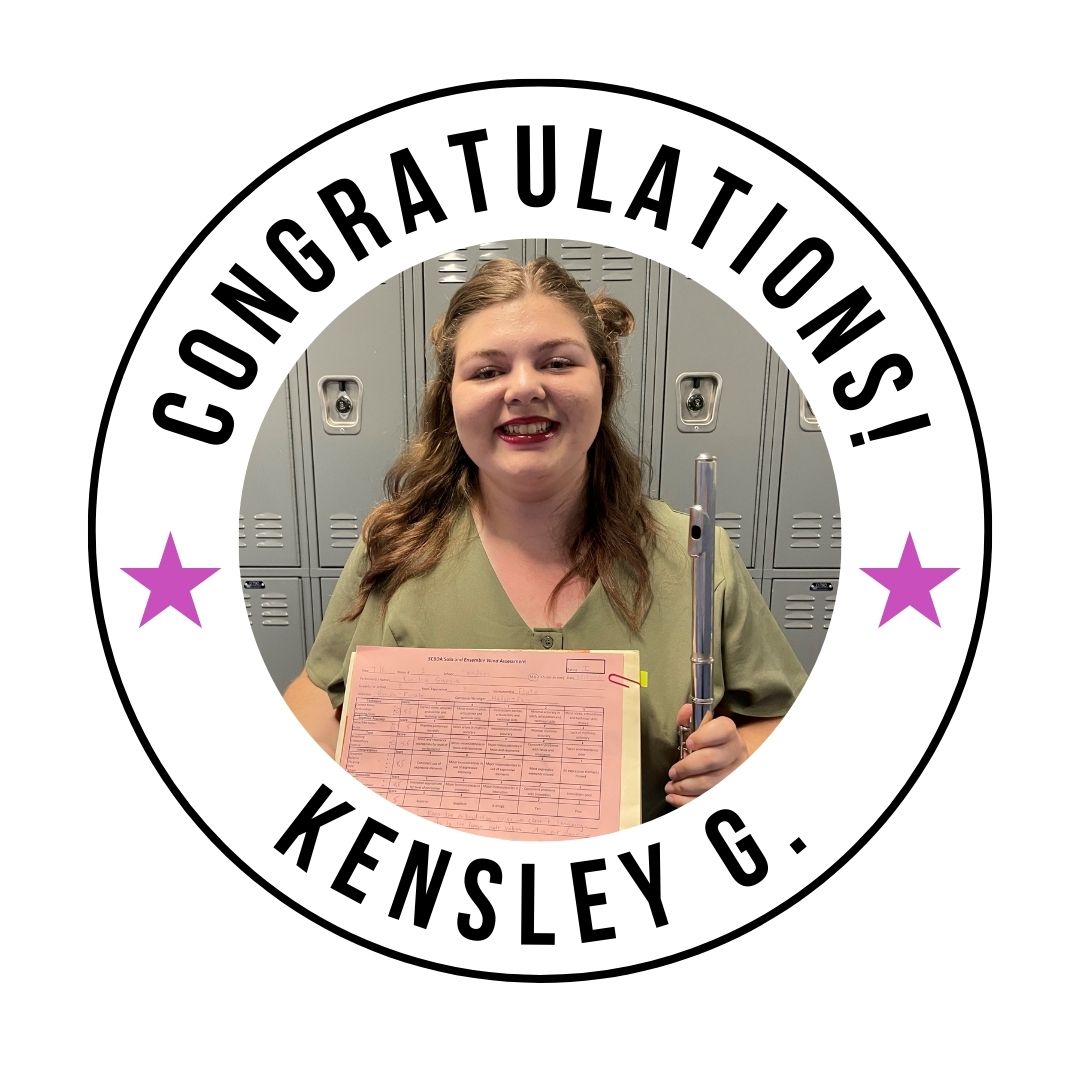 Congratulations to SMS band student Kinsley G. for earning a superior rating at SCBDA's Solo &amp; Ensemble Festival last Friday.  A superior rating is the top score in this event.  We're proud of you Kinsley and thank you for representing our band and school with such excellence!