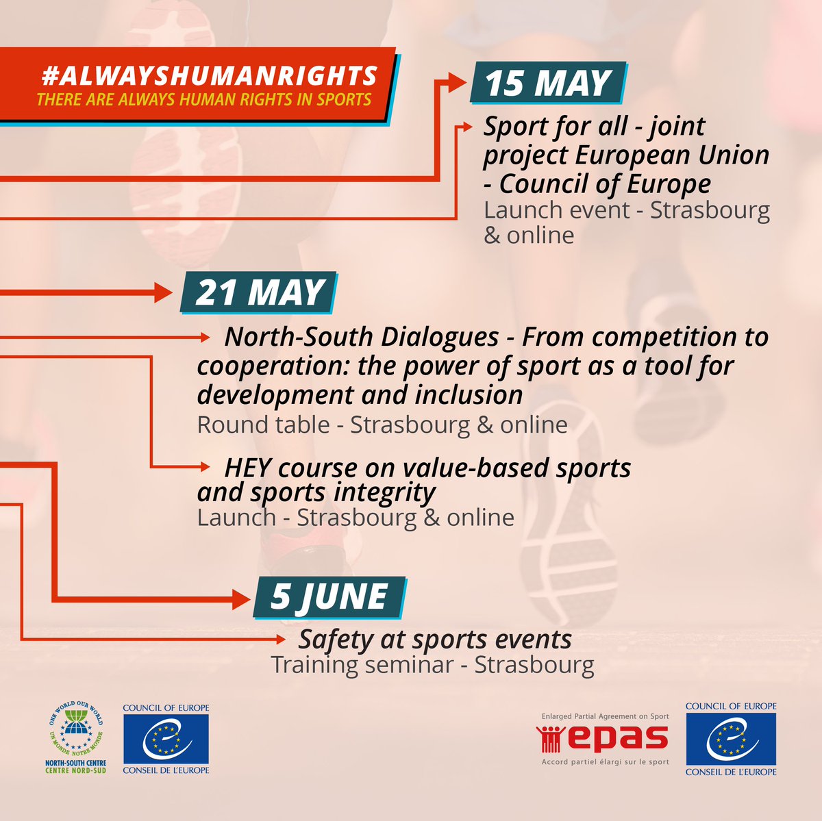 North-South Centre of the Council of Europe (@nscentre) on Twitter photo 🏃♀️Do you take part in sports? Over the next few weeks, the <a href="/NSCentre/">North-South Centre of the Council of Europe</a> and <a href="/CoE_Sports/">Council of Europe Sport</a> invite you to reflect on human rights, sports, and how they are interconnected📷Visit our website for all details: coe.int/en/web/north-s… #alwayshumanrights… #HEYCOE 🏃♀️Do you take part in sports? Over the next few weeks, the <a href="/NSCentre/">North-South Centre of the Council of Europe</a> and <a href="/CoE_Sports/">Council of Europe Sport</a> invite you to reflect on human rights, sports, and how they are interconnected📷Visit our website for all details: coe.int/en/web/north-s… #alwayshumanrights… #HEYCOE