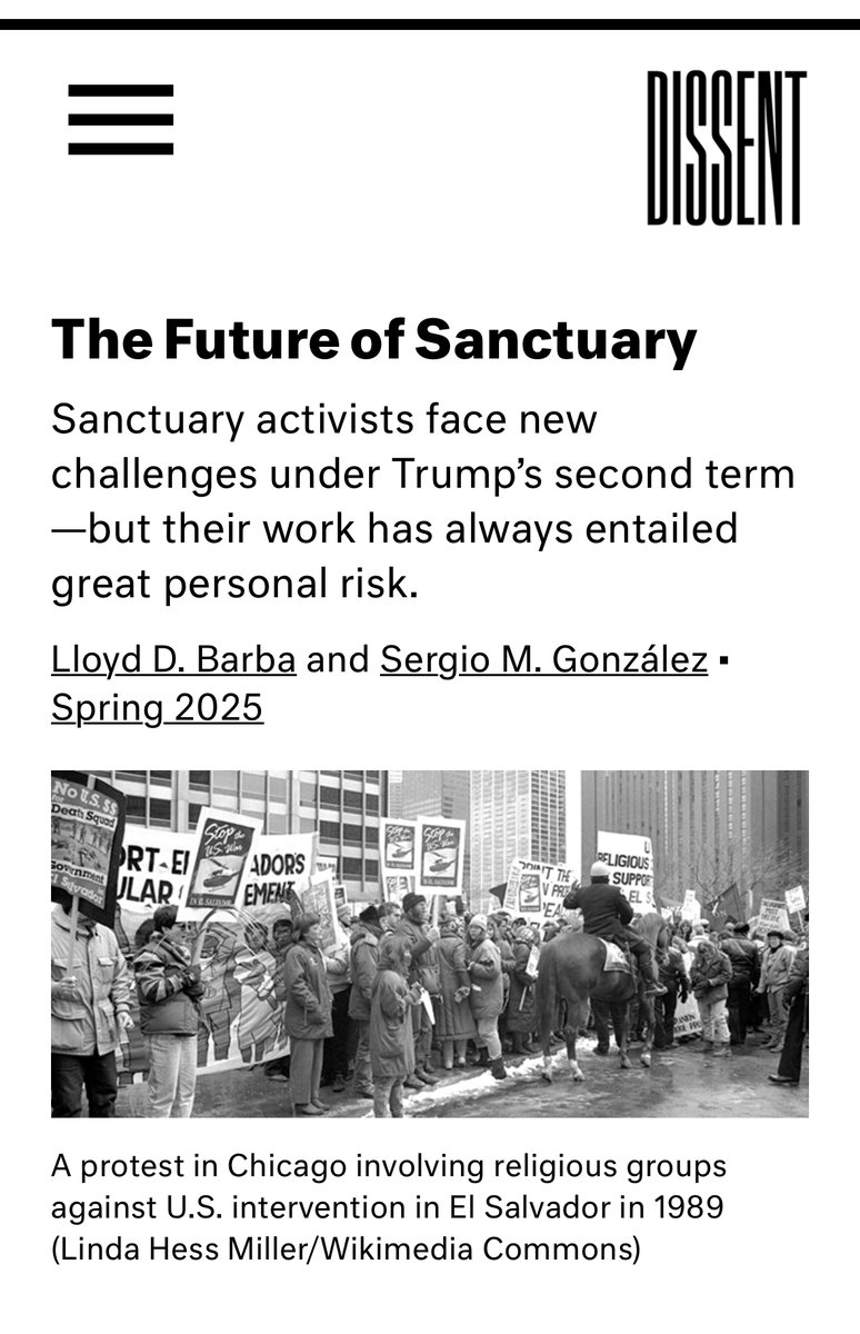 So proud of this co-written piece, put together with my compa <a href="/ElProfeBarba/">Lloyd D. Barba</a>, in the latest edition of <a href="/DissentMag/">Dissent Magazine</a>. We review the history of the sanctuary movement and what it means for faith-based migrant justice movements today.